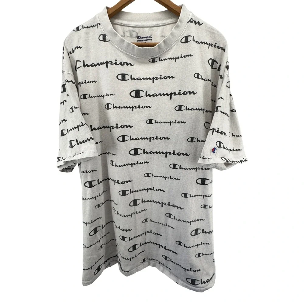 Champion All Over Print Logo Crew‎ Neck T-Shirt 2XL Short Sleeve